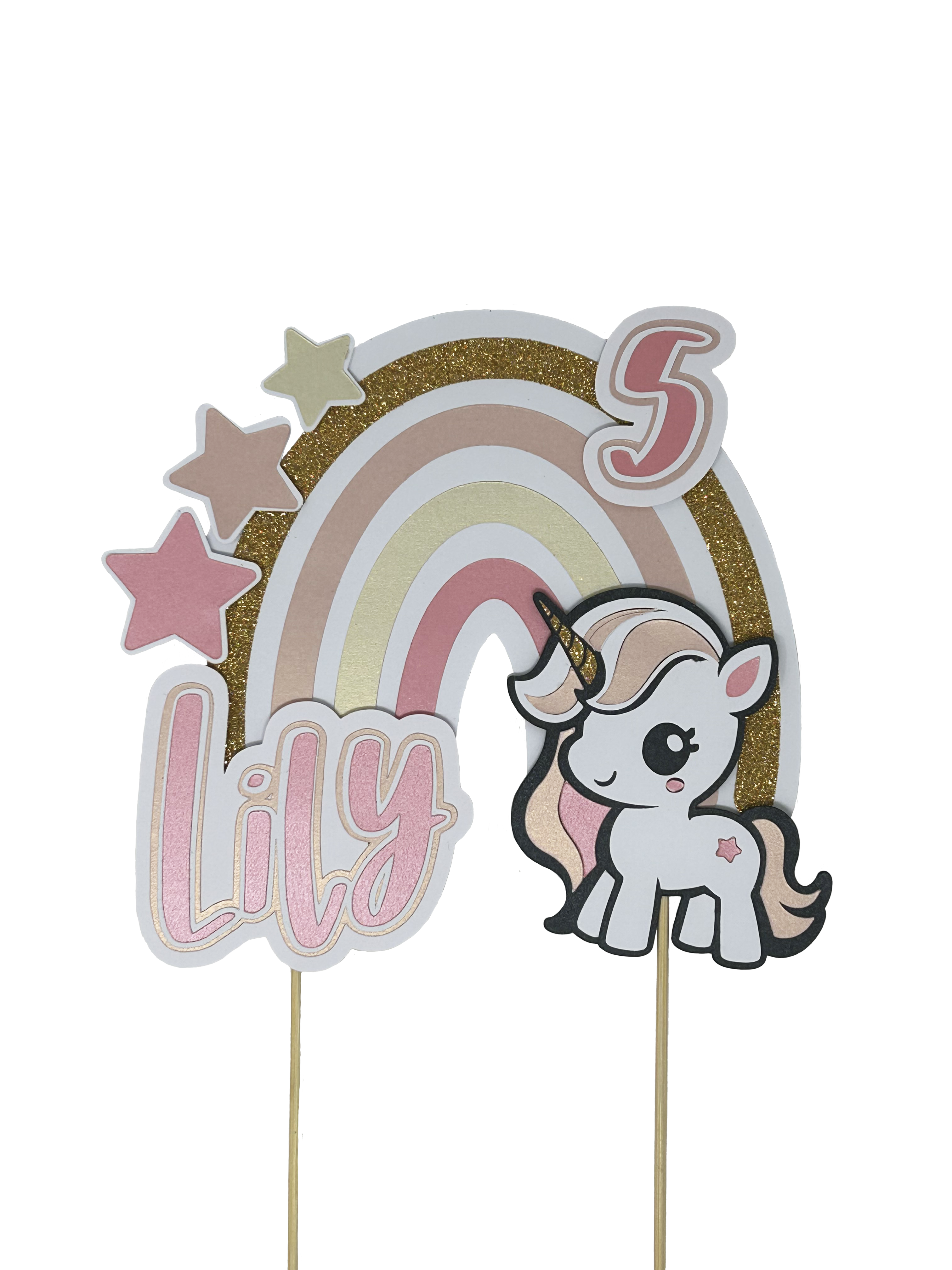 Personalised Rainbow Unicorn Shimmer Cake Topper - Non Edible